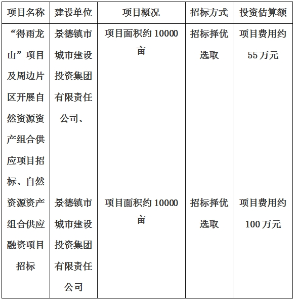 景德鎮(zhèn)市“得雨龍山”項目及周邊片區(qū)開展自然資源資產(chǎn)組合供應(yīng)項目、自然資源資產(chǎn)組合供應(yīng)融資項目招標計劃公告